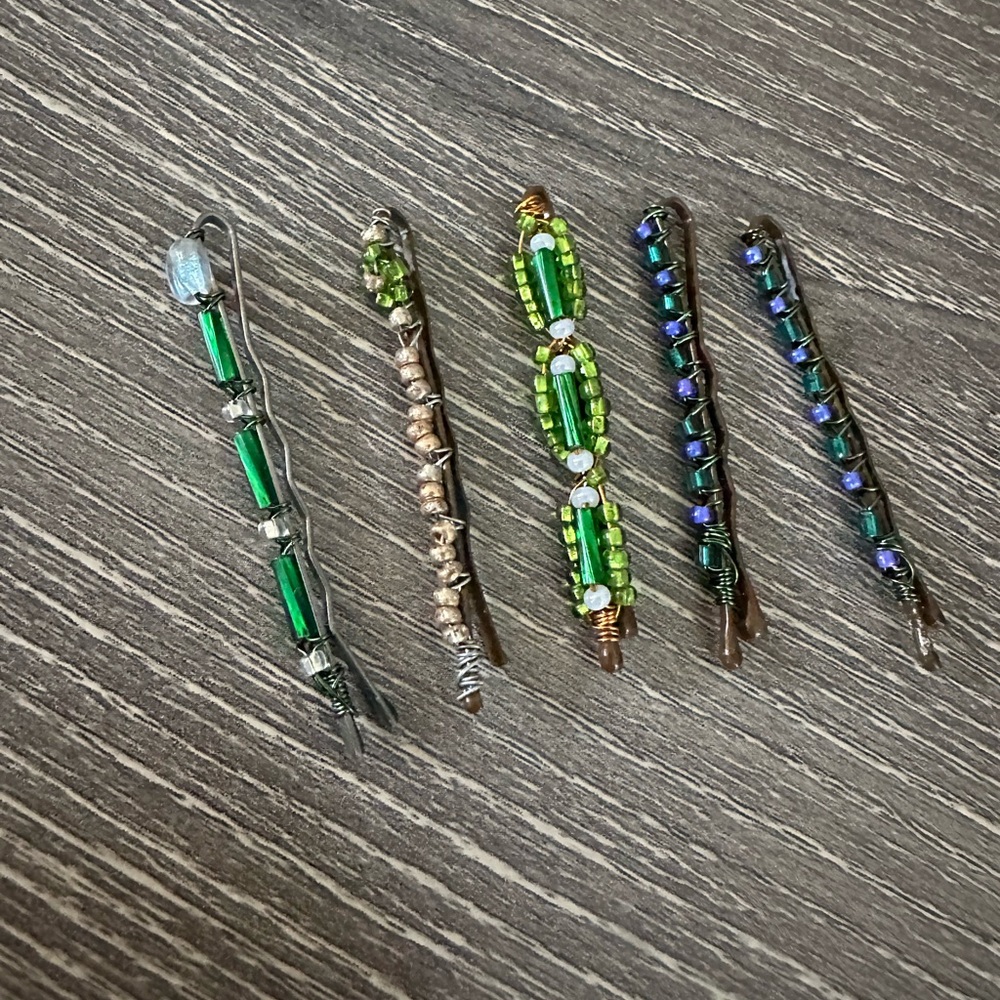 Handmade Wire Wrapped Beaded Bobby Pins Green Blue